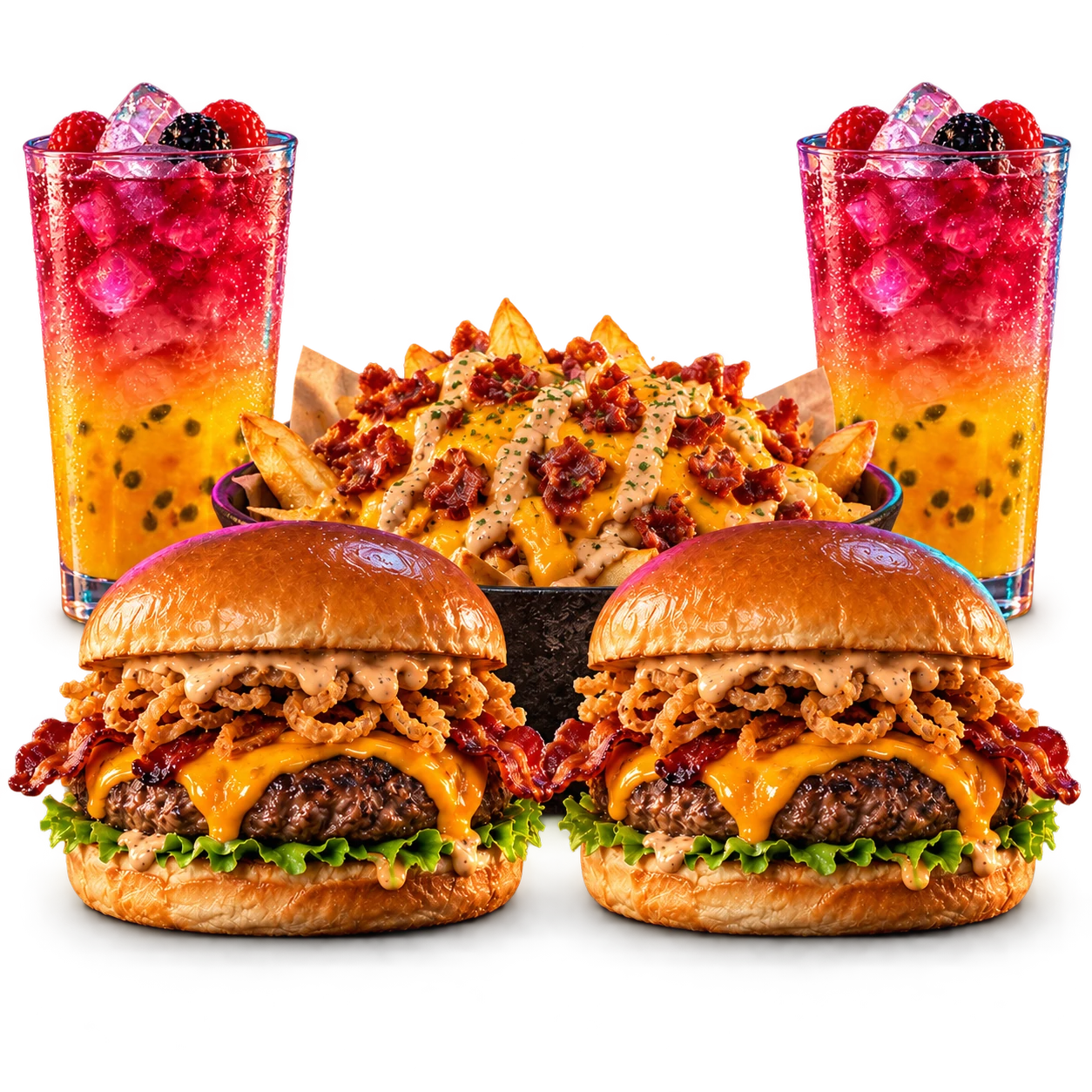 Combo Duo com dois hambúrgueres, acompanhamentos e bebidas